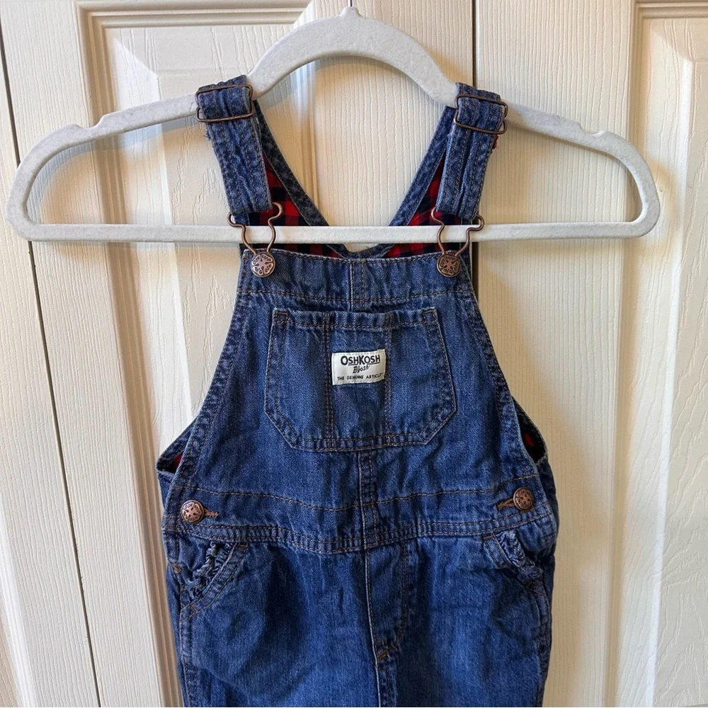 Oshkosh Girls Size 4T Buffalo Plaid Lined Denim Overalls Bib Ruffle Pockets